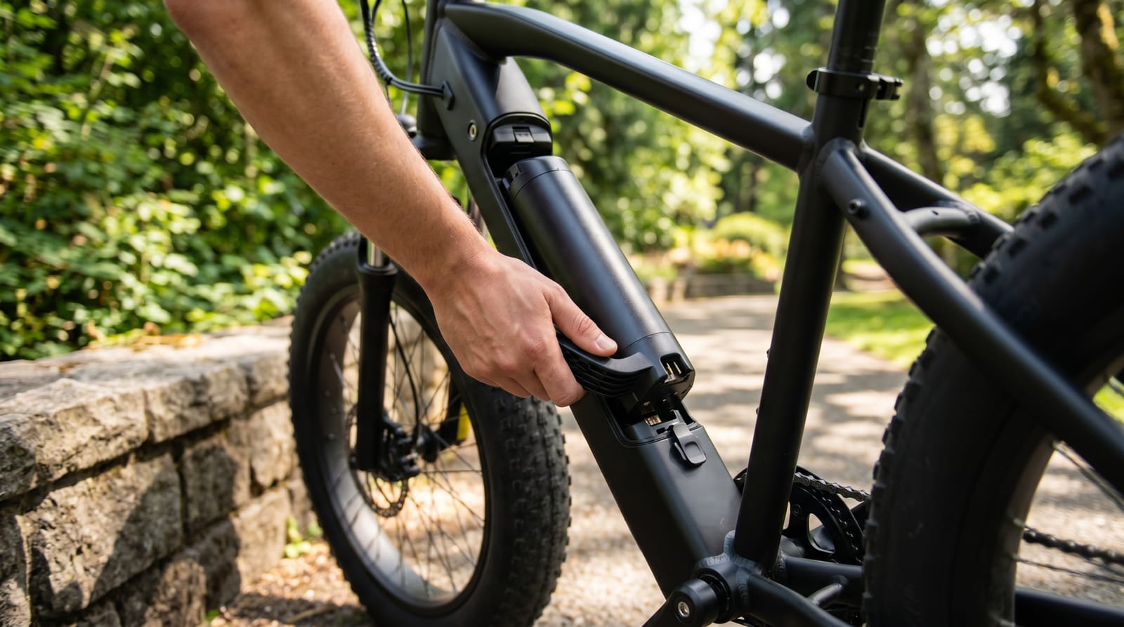 Close-up of a removable e-bike battery sliding into the down tube of an electric bike frame