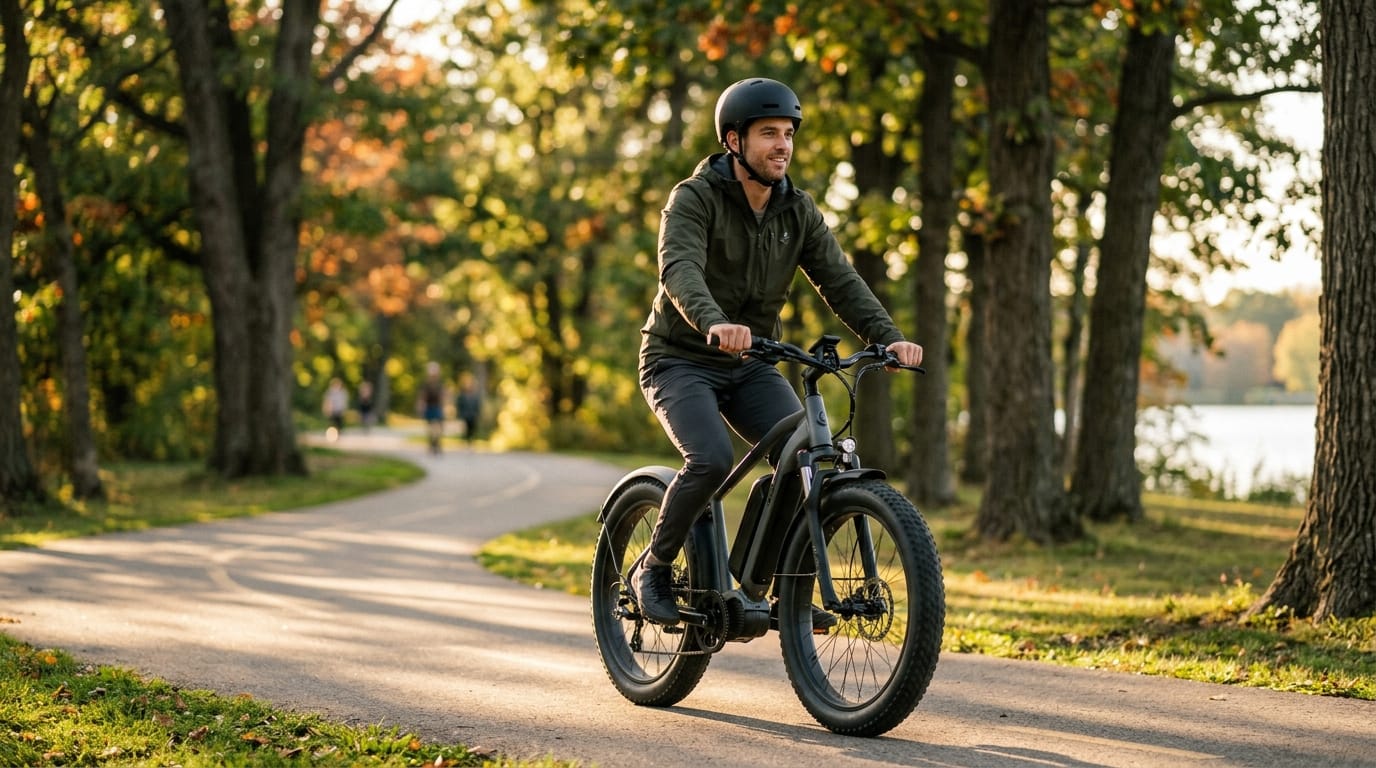 A rider on a fat-tire electric bike cruising a tree-lined path in warm afternoon light